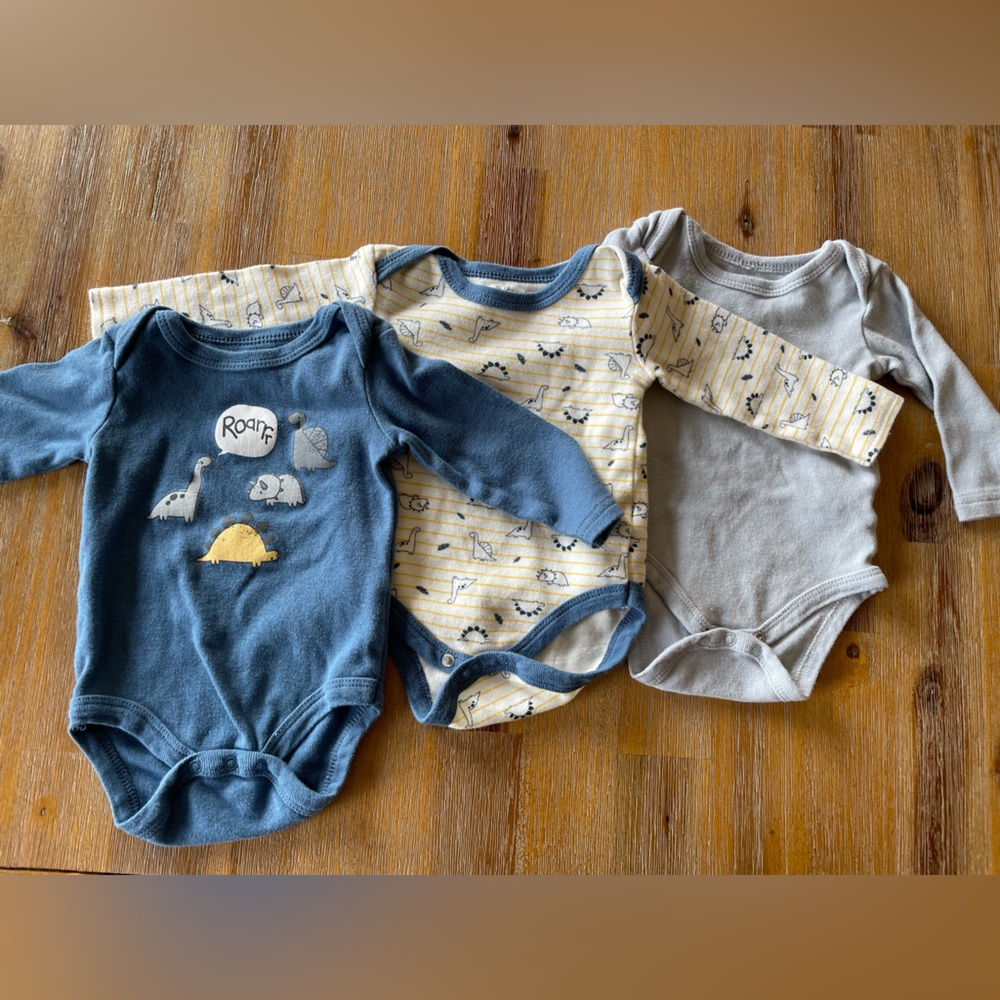 Mini Bean baby boy dinosaur long sleeve blue and white onesies